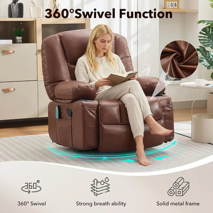 Oversized Recliner Chair Heat Vibration Massage PU Leather Manual Swivel Rocker Cup Holders Side Pocket Brown