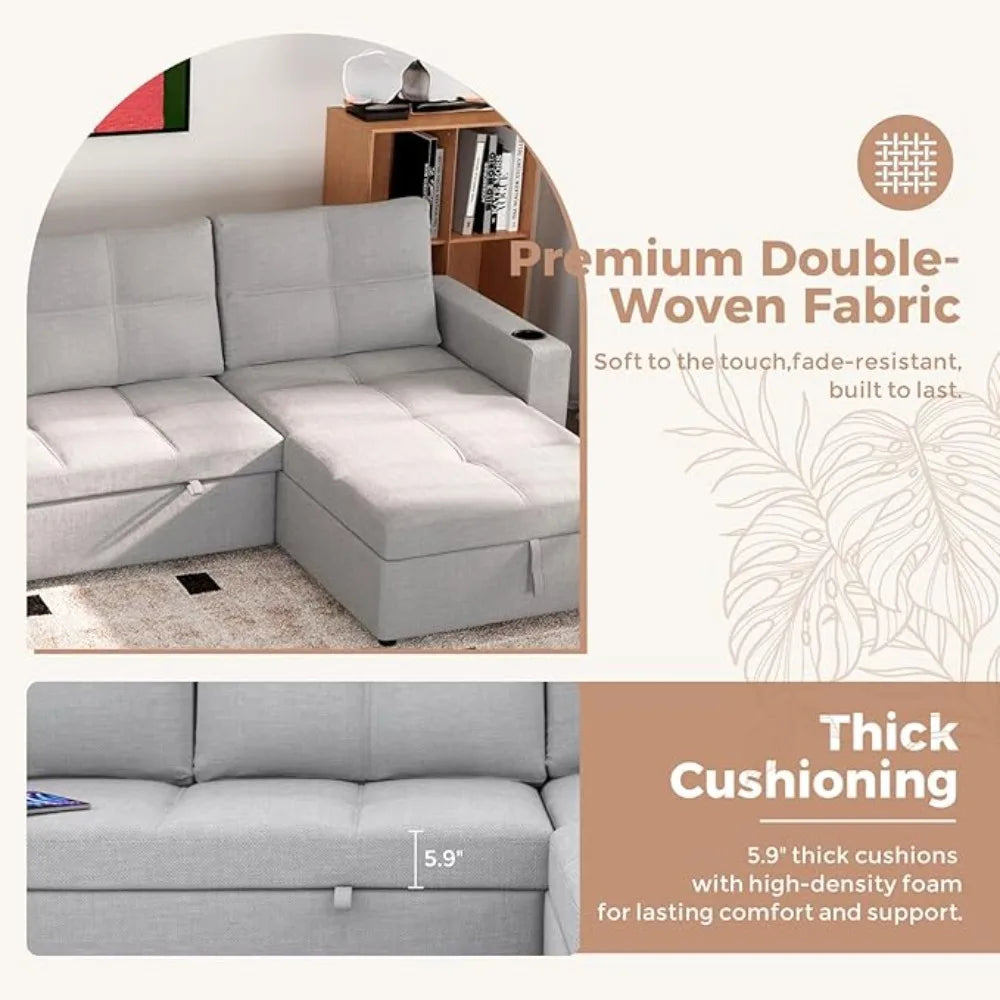 85 inch Large Sleeper Sofa Bed with Storage,L Shaped Sectional Couch Bed,2 in 1 Pull Out Couches with Convertible Chaise