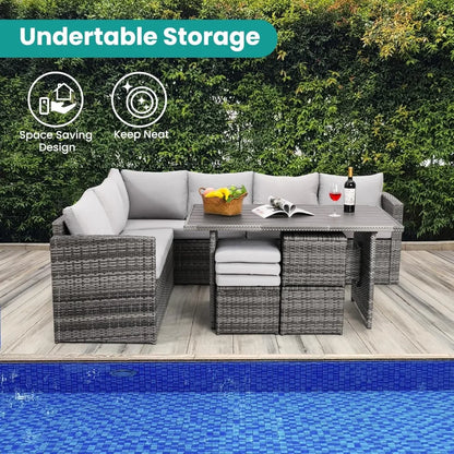 seven-piece outdoor patio furniture set with dining table and chairs, all-weather wicker conversation set including ottoman