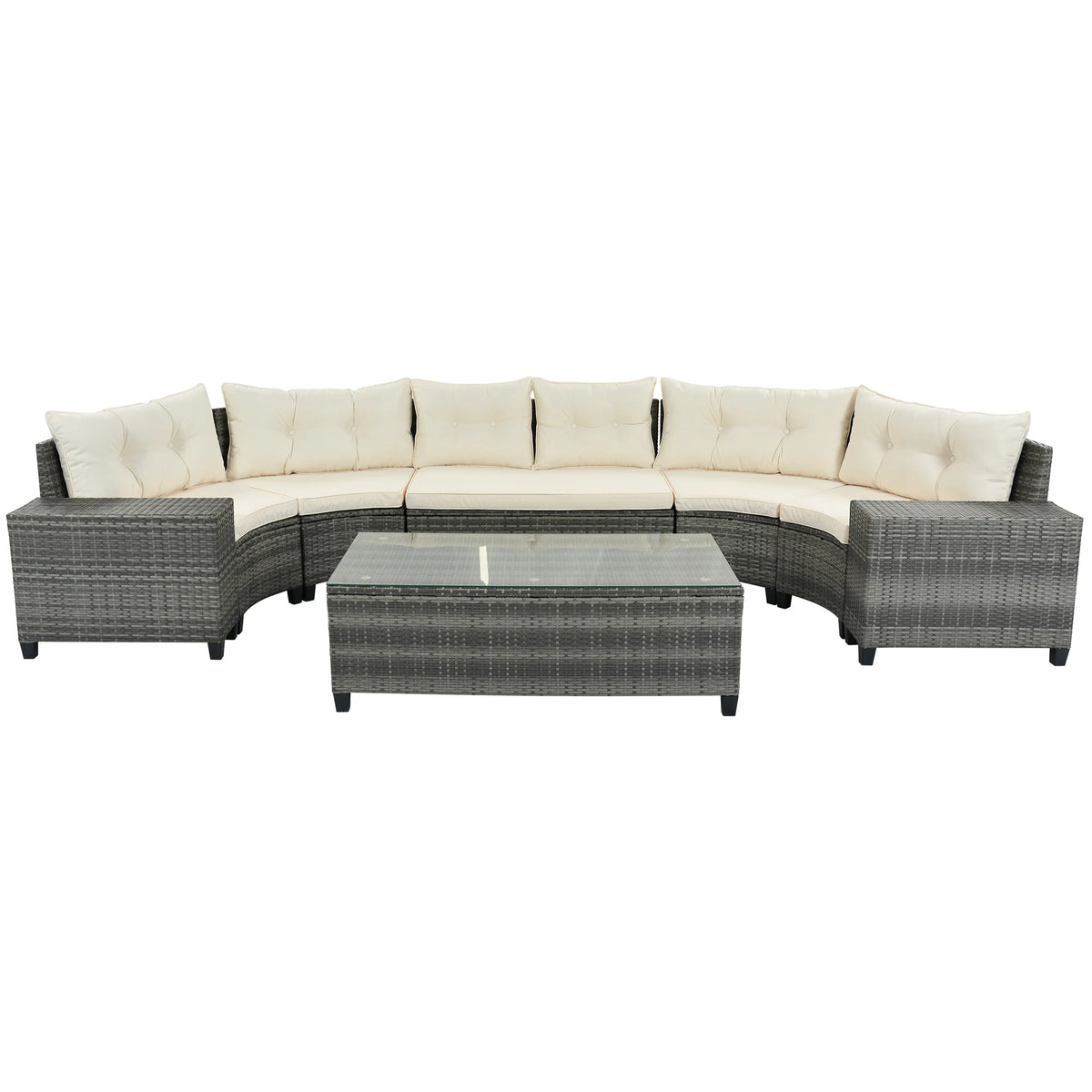 8-pieces Outdoor Wicker Round Sofa Set, Half-Moon Sectional Sets All Weather, Curved Sofa Set With Rectangular Coffee Table, PE