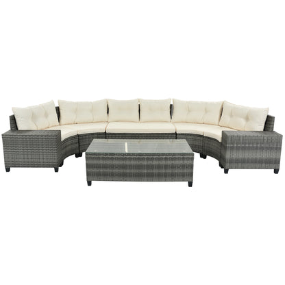 8-pieces Outdoor Wicker Round Sofa Set, Half-Moon Sectional Sets All Weather, Curved Sofa Set With Rectangular Coffee Table, PE