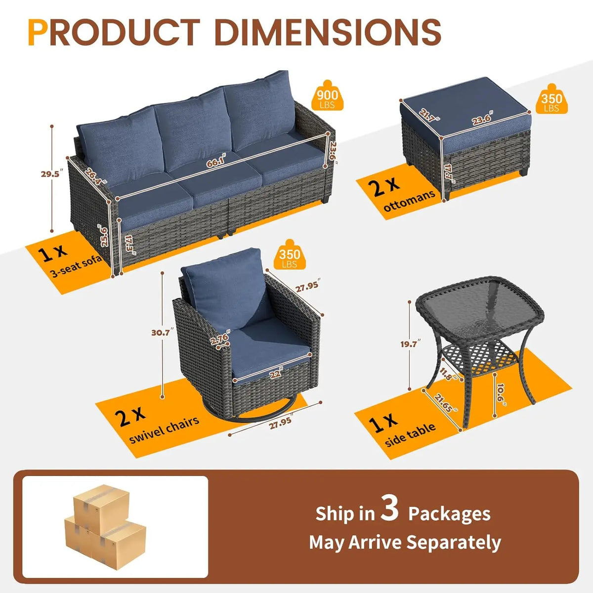 Patio Furniture Set, 6 Pieces Outdoor Sectional Couch with Swivel Rocking Chair, Gray Wicker Rattan Sofa with Side, Customized
