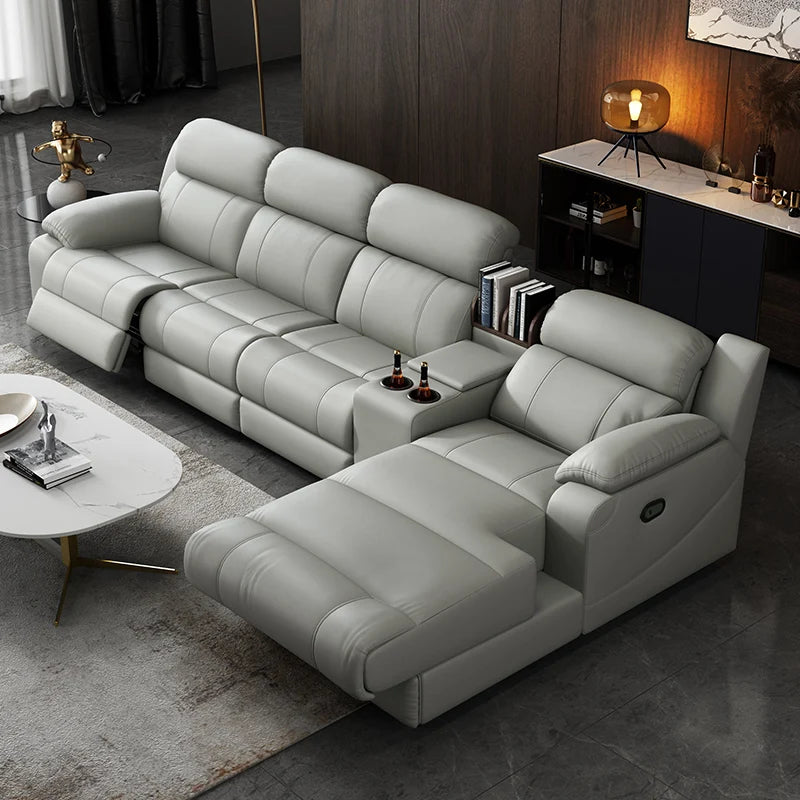 Modern Italian electric sofa set leather multi-functional recliner with characteristic metal corner combination