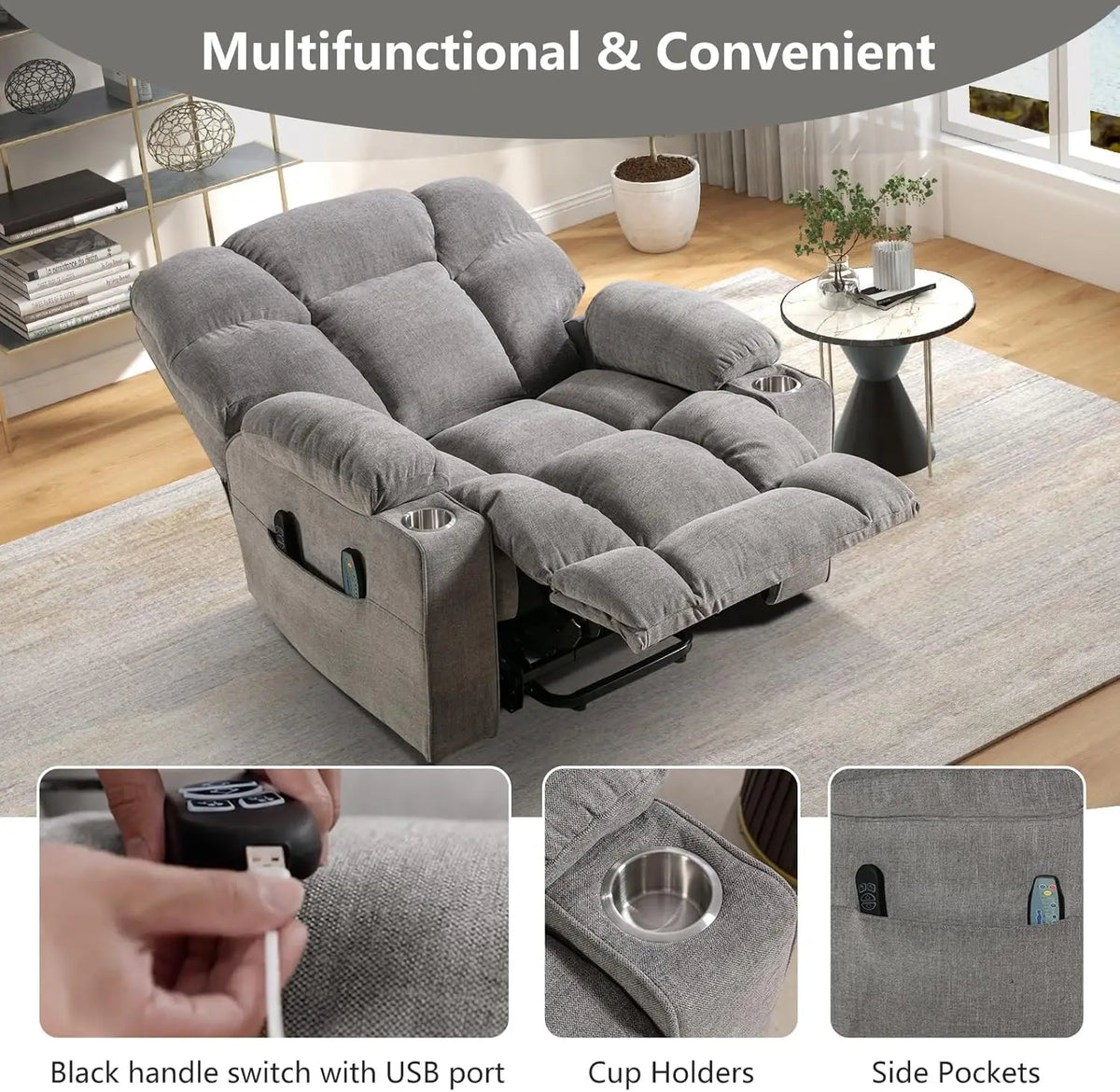 EBELLO Oversized Power Lift Recliner Chair for Elderly, Electric Recliner Chair with Massage and Heating with USB Port