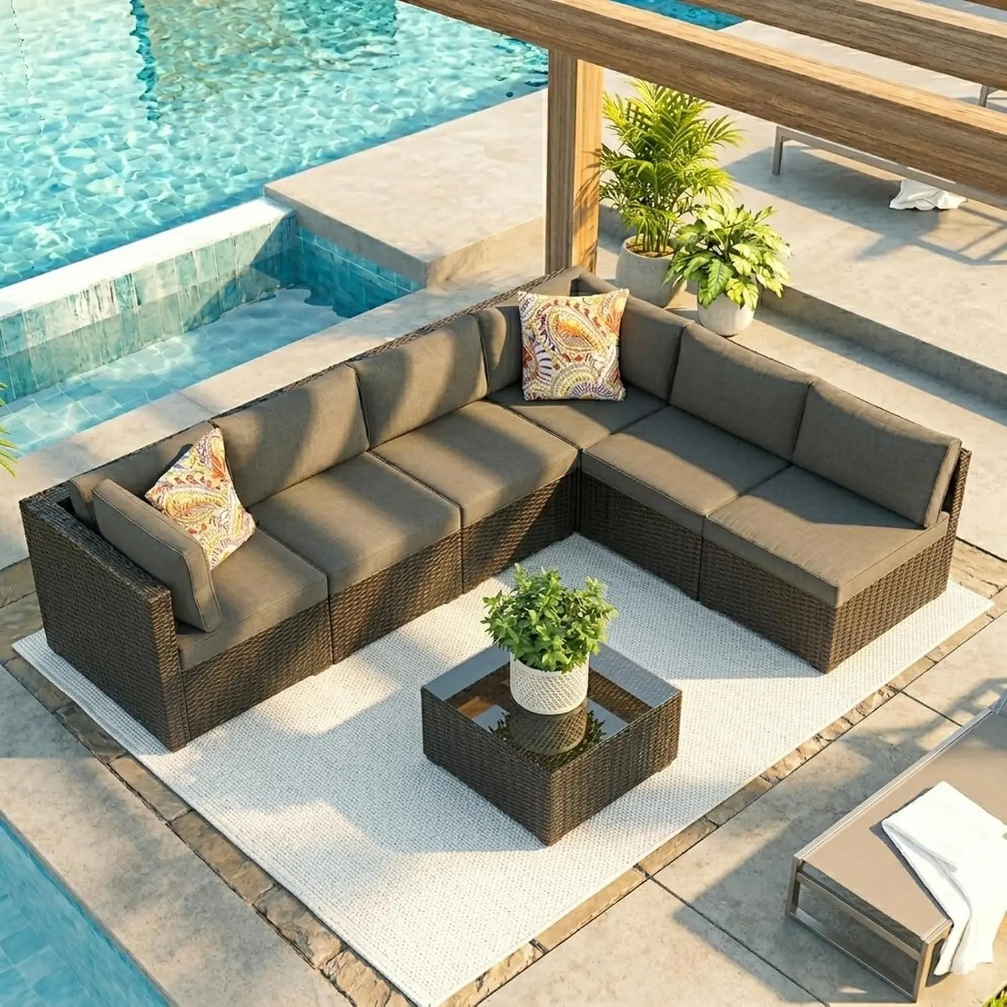 7pc All-Weather Wicker Sectional Sofa Set Modular Rattan Conversation Thick Cushions Glass Table Backyard Poolside Deck Custom