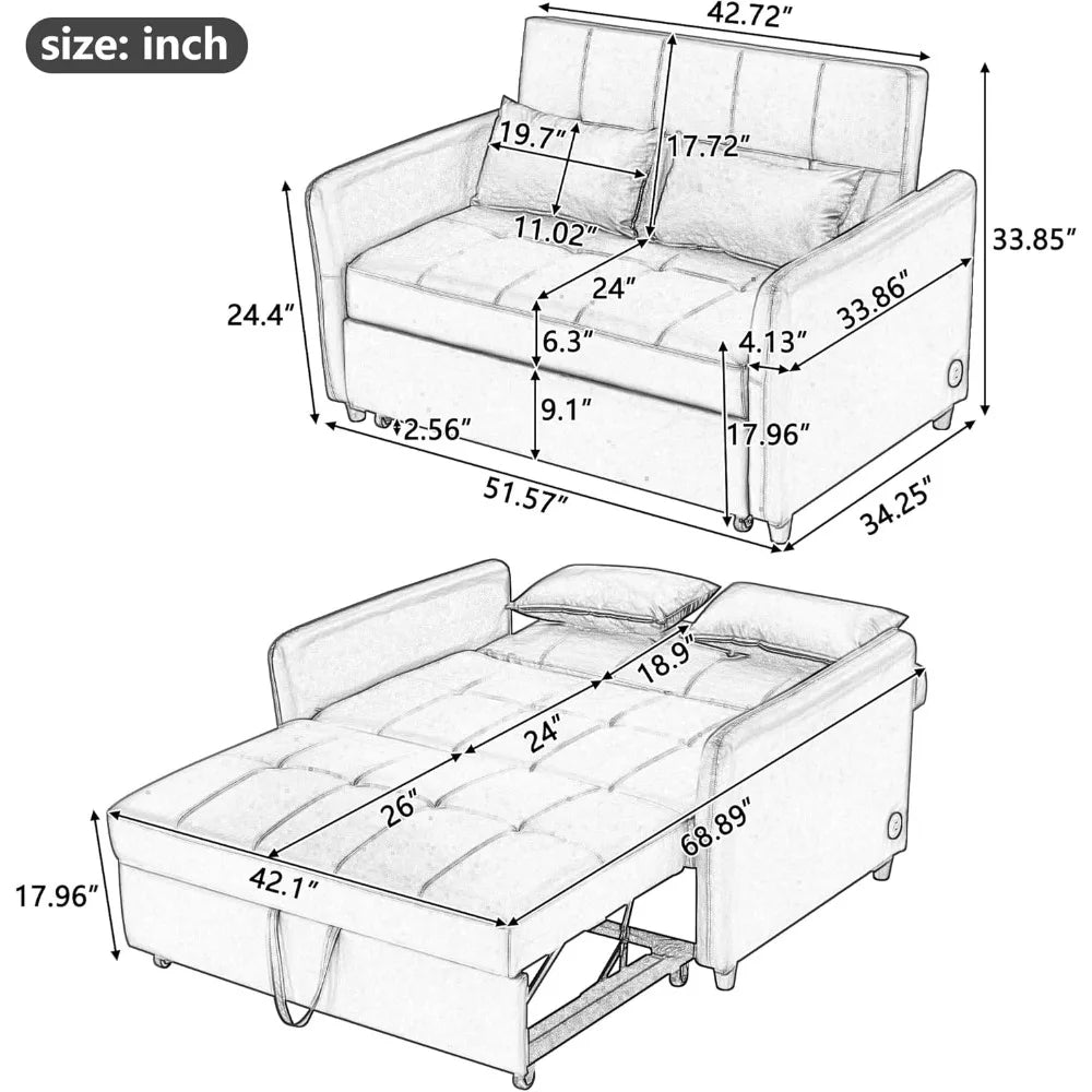 Oversized Adjustable Armchair Sleeper Sofa with USB Ports, Convertible Leather Sofa Bed for Apartments