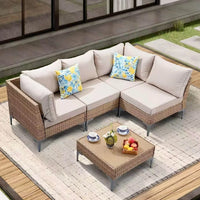 5 Piece Wicker Patio Furniture Set,Outdoor Conversation Sectional Sofa w/Coffee Table,All-Weather Outdoor Sofa, Customized