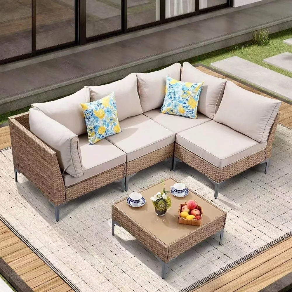 5 Piece Wicker Patio Furniture Set,Outdoor Conversation Sectional Sofa w/Coffee Table,All-Weather Outdoor Sofa, Customized