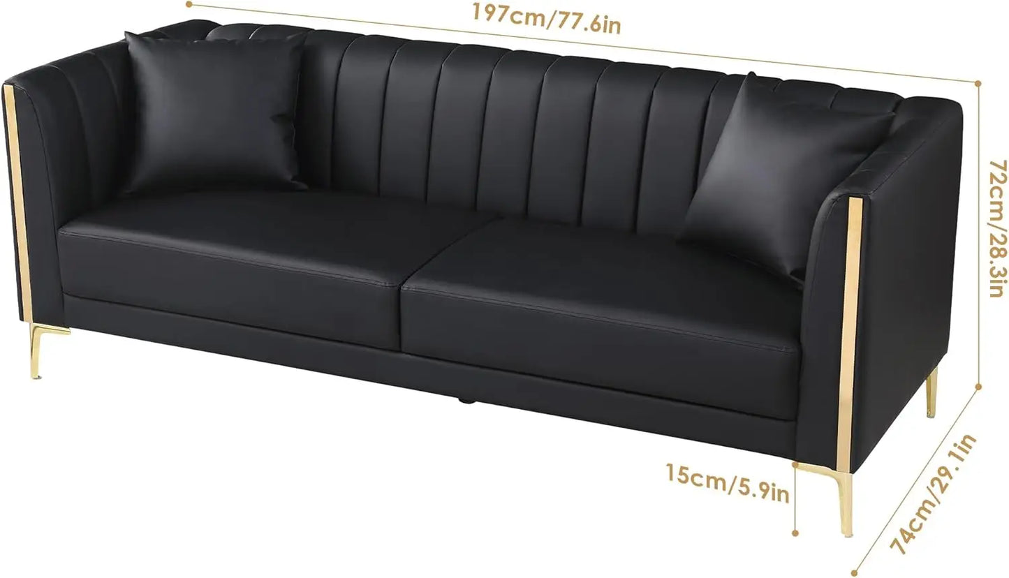 78'' Sofa, Black Couches for Living Room, Comfy Sofas Faux Leather Sofa 3 Seater Couches with 2 Throw Pillows and Gold Metal