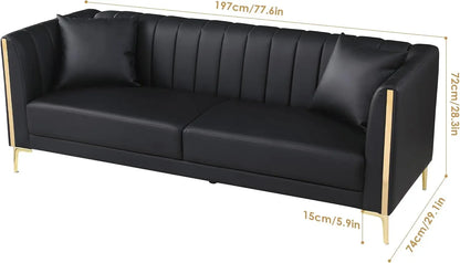 78'' Sofa, Black Couches for Living Room, Comfy Sofas Faux Leather Sofa 3 Seater Couches with 2 Throw Pillows and Gold Metal