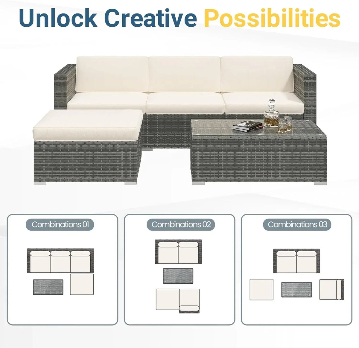 NEW-5 Piece Outdoor Patio Furniture Set,All Weather Wicker Rattan Sectional Sofa Conversation Set with Cushions & Glass Coffee T