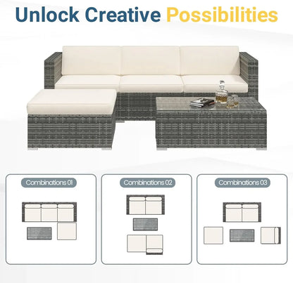 NEW-5 Piece Outdoor Patio Furniture Set,All Weather Wicker Rattan Sectional Sofa Conversation Set with Cushions & Glass Coffee T