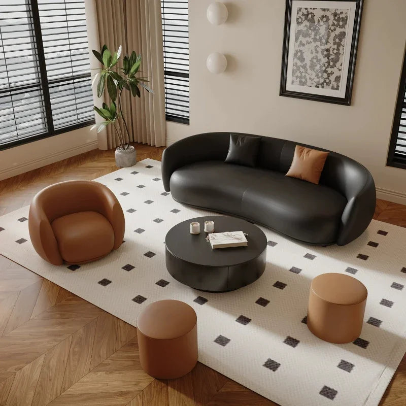 small apartment curved beauty salon Internet celebrity clothing store, rest area negotiation, black leather sofa