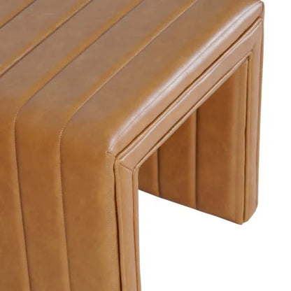 Footstool Ottoman, Channel Tuft Caramel Brown Faux Leather 19 Inch