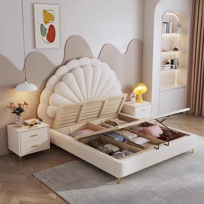 cheap Luxury Leather Princess Petal Bed with LED Lights queen bed frames 120x200cm 135x200cm 150x200cm 180x200cm Beds Furniture