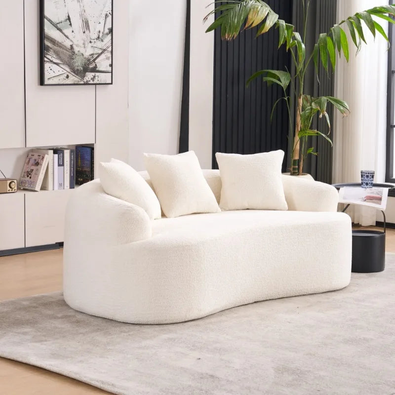 Modern Curved Sofa with Pillows White Upholstered Cloud Sofa for Living Room Bedroom Home Decor