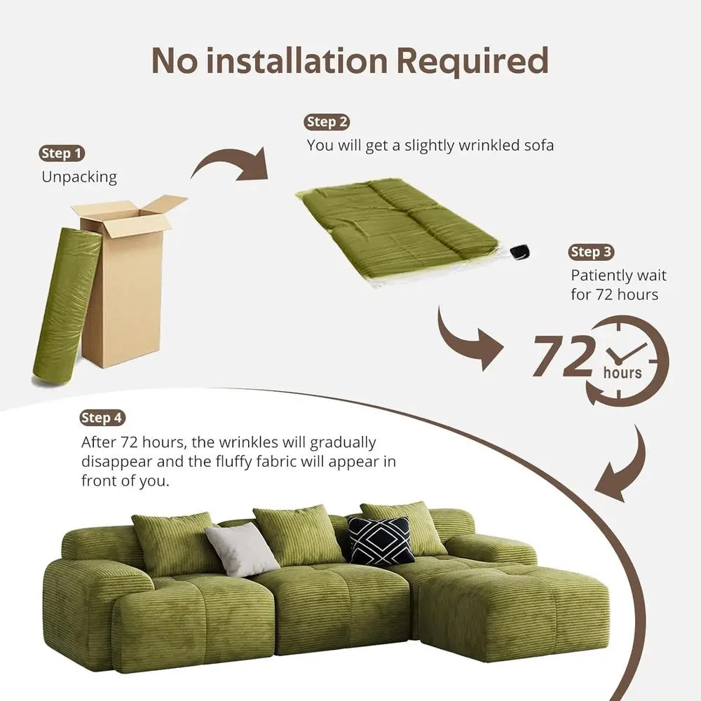 Green Oversized 3-Seat L-Shaped Corduroy Sectional Sofa with Ottoman