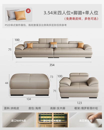 Nordic leather sofa with cowhide top layer, simple modern size, living room, Italian minimalist cream style leather sofa