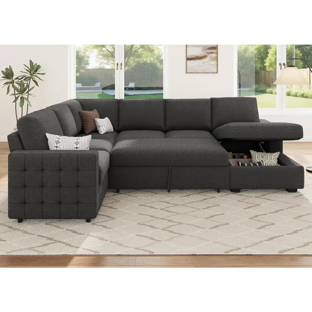 mid-grey 6-seater u-shaped sectional sofa with pull-out bed and storage