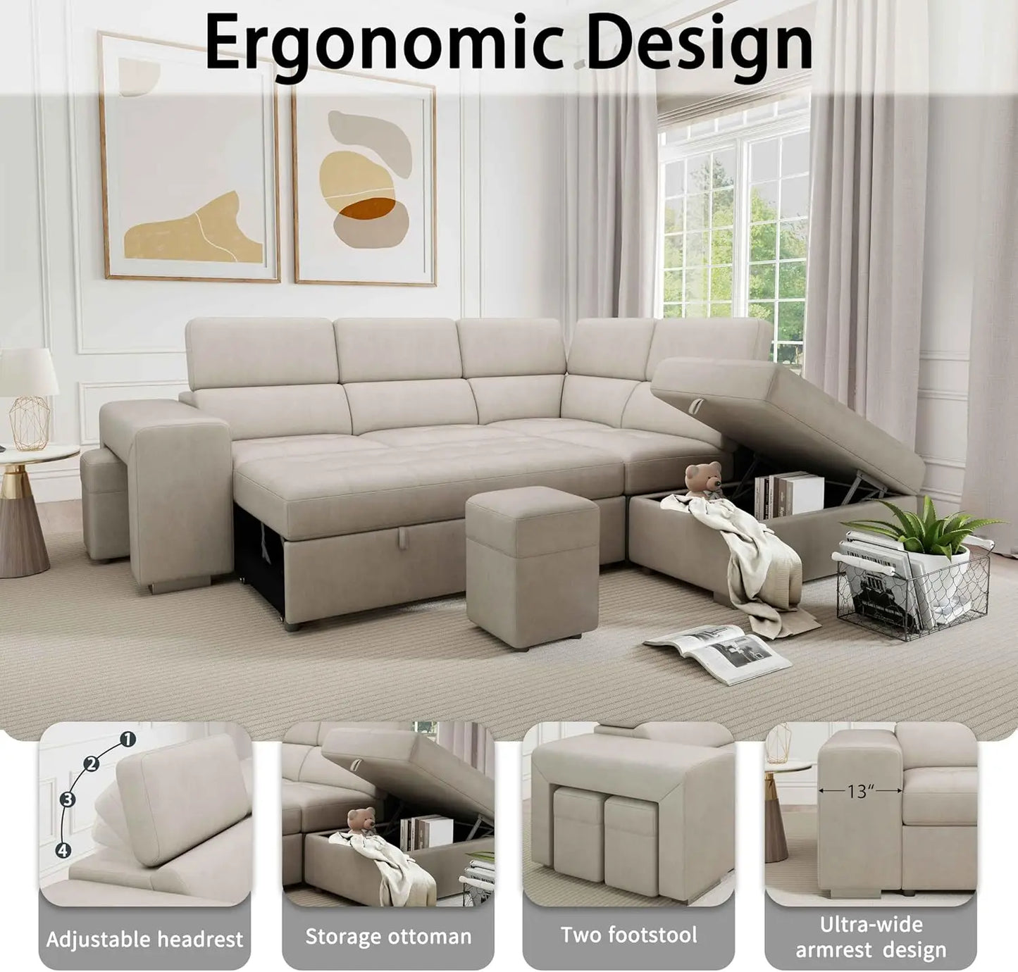 104'' Microfiber L Shaped Sectional Sleeper Sofa Couch with Pull Out Bed and Storage Ottoman, Convertible Couches