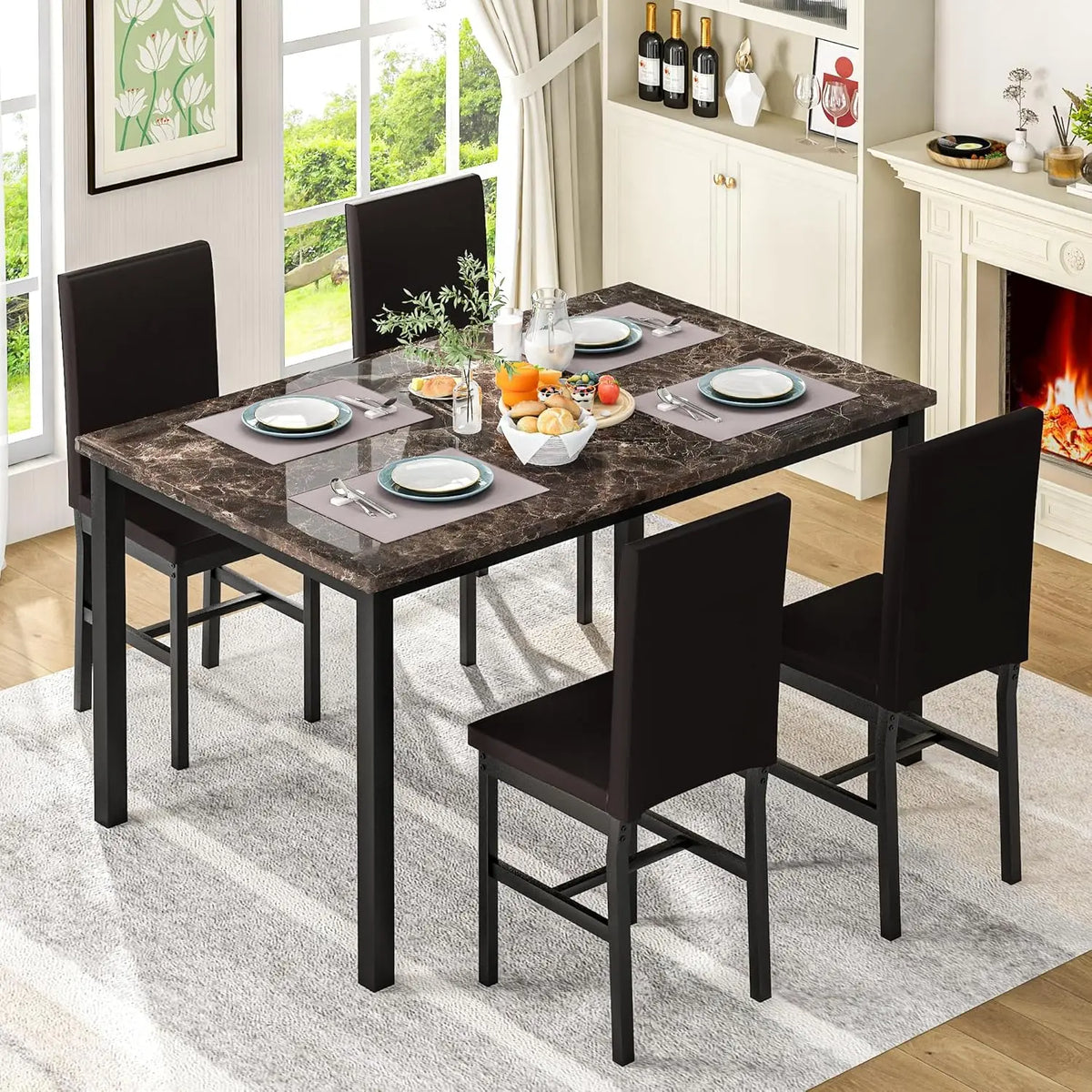 Modern Kitchen & Dining Room Sets Faux Marble Table with 4 Leather Chairs for Small Space, Home Kitchen, Apartment, Brown