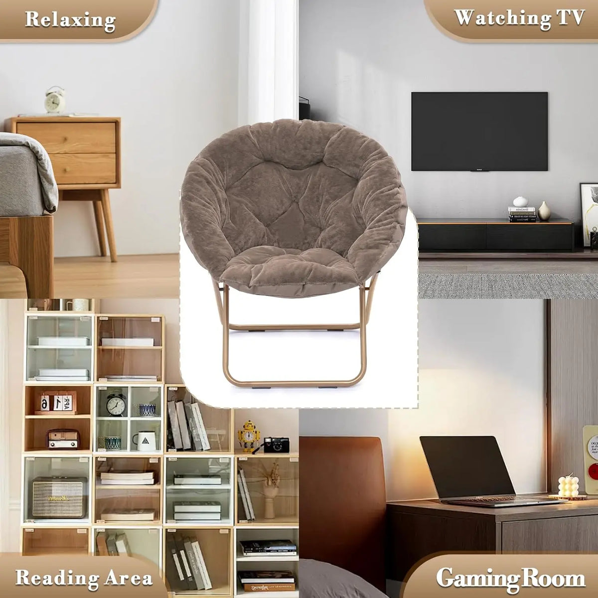 Comfy Saucer Chair Folding Faux Fur Accent Chair Metal Frame Bedroom Living Room Reading Moon Chair, Custom