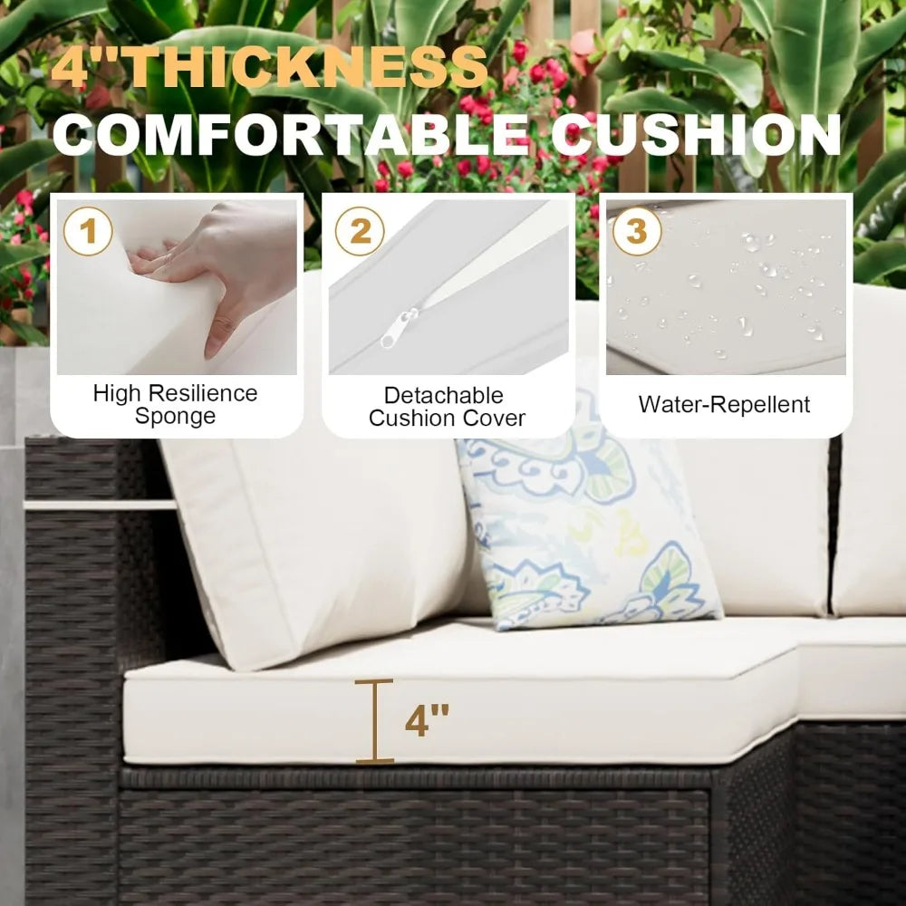 8 Piece Outdoor Patio Furniture Set with Fire Pit, Wicker Outdoor Sectional Sofa for Deck, Garden, Lawn