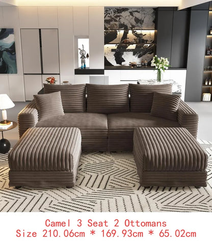 82.7" Plush Corduroy 3-Seat Sofa, Modern Comfy Upholstered Couch with Soft Pillows & 2 Ottomans, Convertible Lounge Chair for