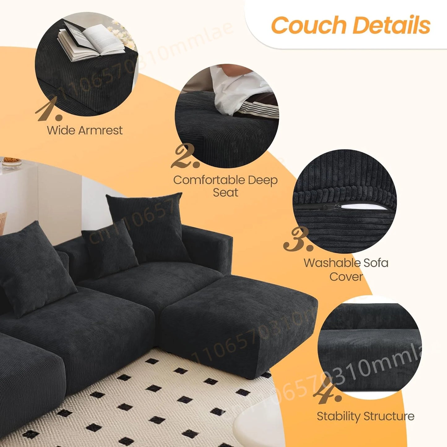 DIGGERA 181" Oversized Compressed Sofa Boneless Couch Modular Sofas for Living Room Huge 4-Seats Sectional Couches with Chaise