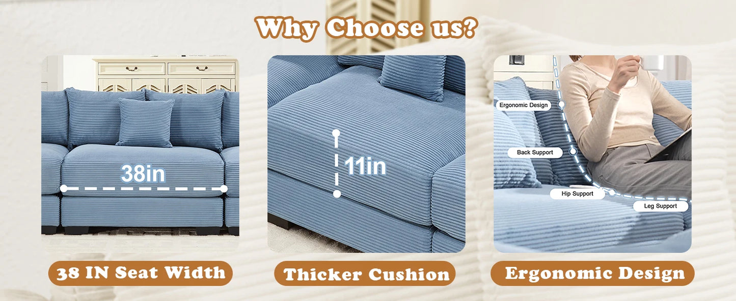 (UUX)155" Oversized Modular Sofa, Corduroy Cloud Couch Sectional with L Shape Chaise and 12 Throw Pillows, Upholste UQ