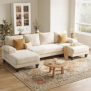 u-shaped sectional couches for living room | 112 inch sectionals couch | beige cheille sofa with double chaise for apartment