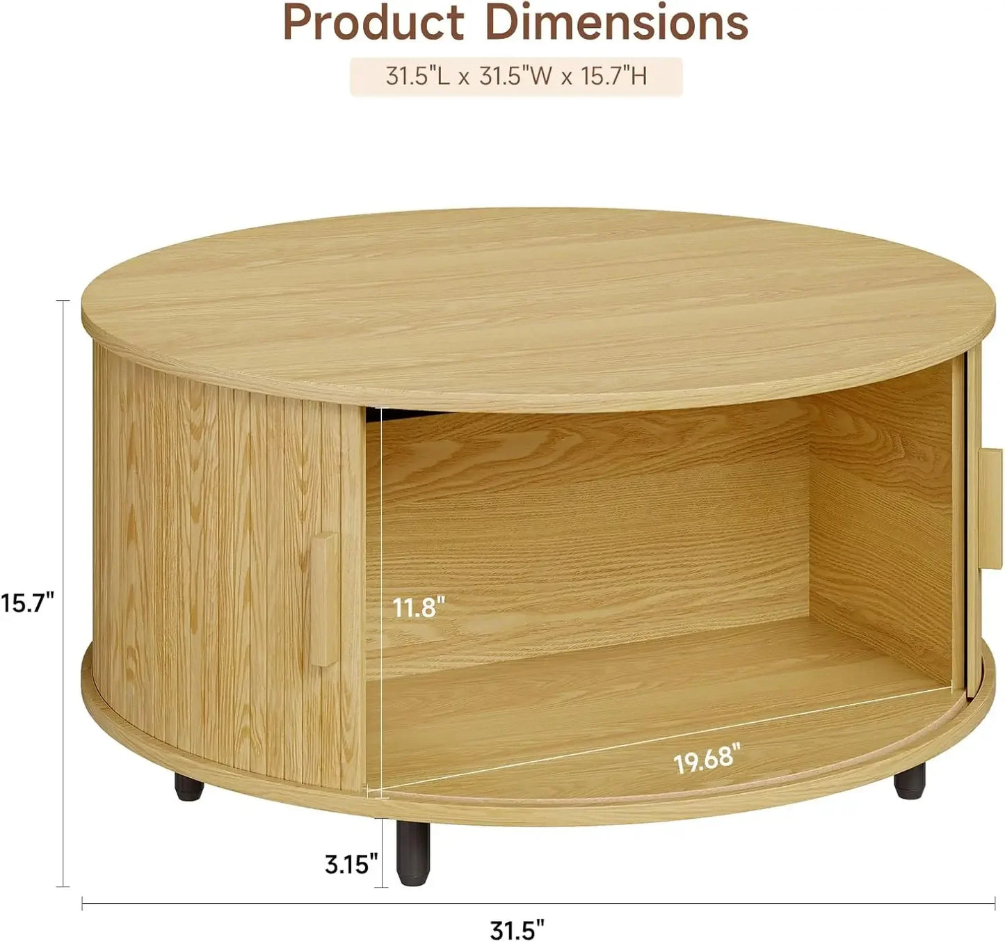 Round Coffee Table with Storage, 31.5" Modern Coffee Table with 360° Curved Sliding Door, Fluted Wood Accent Coffee Table with