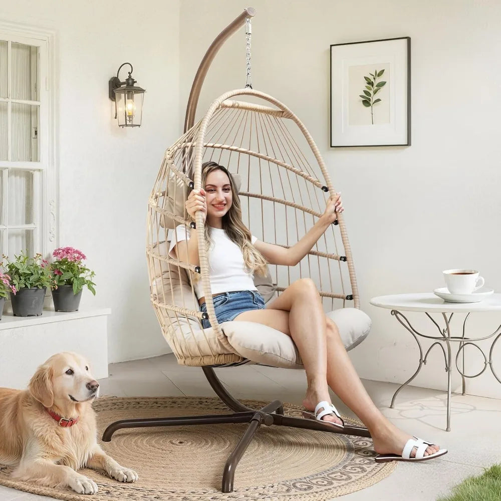 Cozy Hanging Egg Chair with Stand, Indoor Outdoor Wicker Swing with Cushion, 350lbs Capacity for Patio Deck Balcony