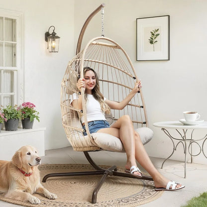 Cozy Hanging Egg Chair with Stand, Indoor Outdoor Wicker Swing with Cushion, 350lbs Capacity for Patio Deck Balcony