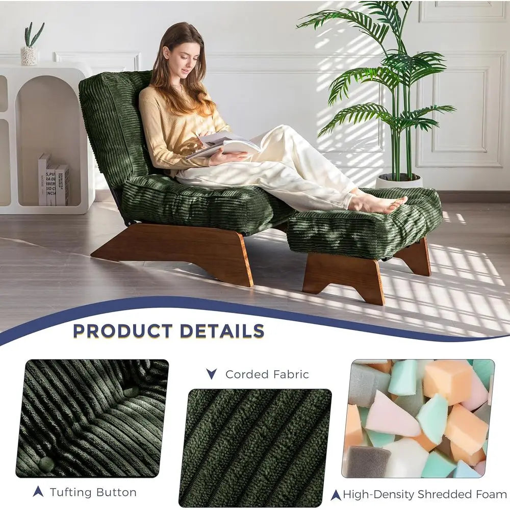 Green Upholstered Adjustable Reclining Chair with Ottoman for Living Room and Reading