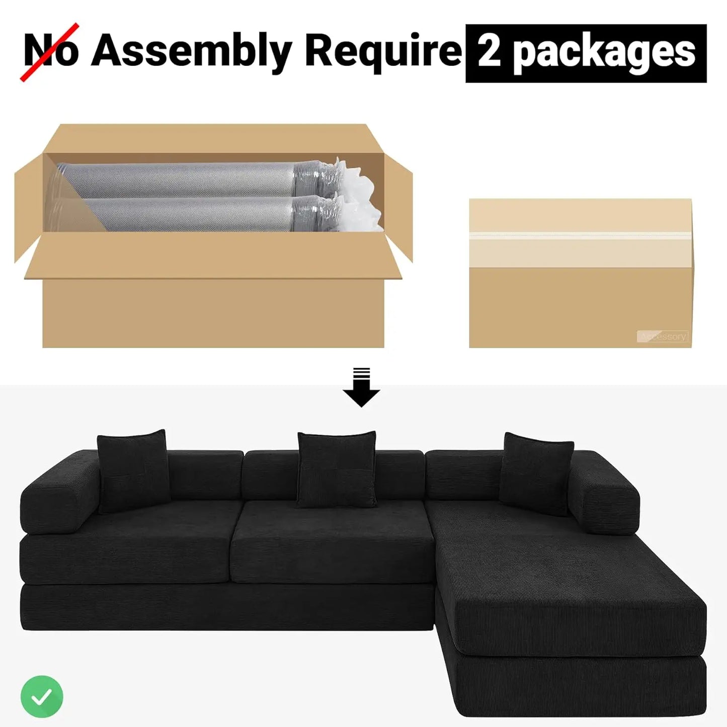 108" Oversize Convertible Sleeper Sectional Sofa Bed Corduroy L Shape Folding Frame Modular Living Room Black, Customized