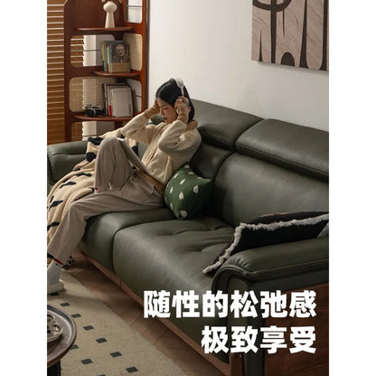 Furniture: leather sofa, living room, first layer yellow cowhide, vintage sofa, minimalist and light luxury, black walnut sofa