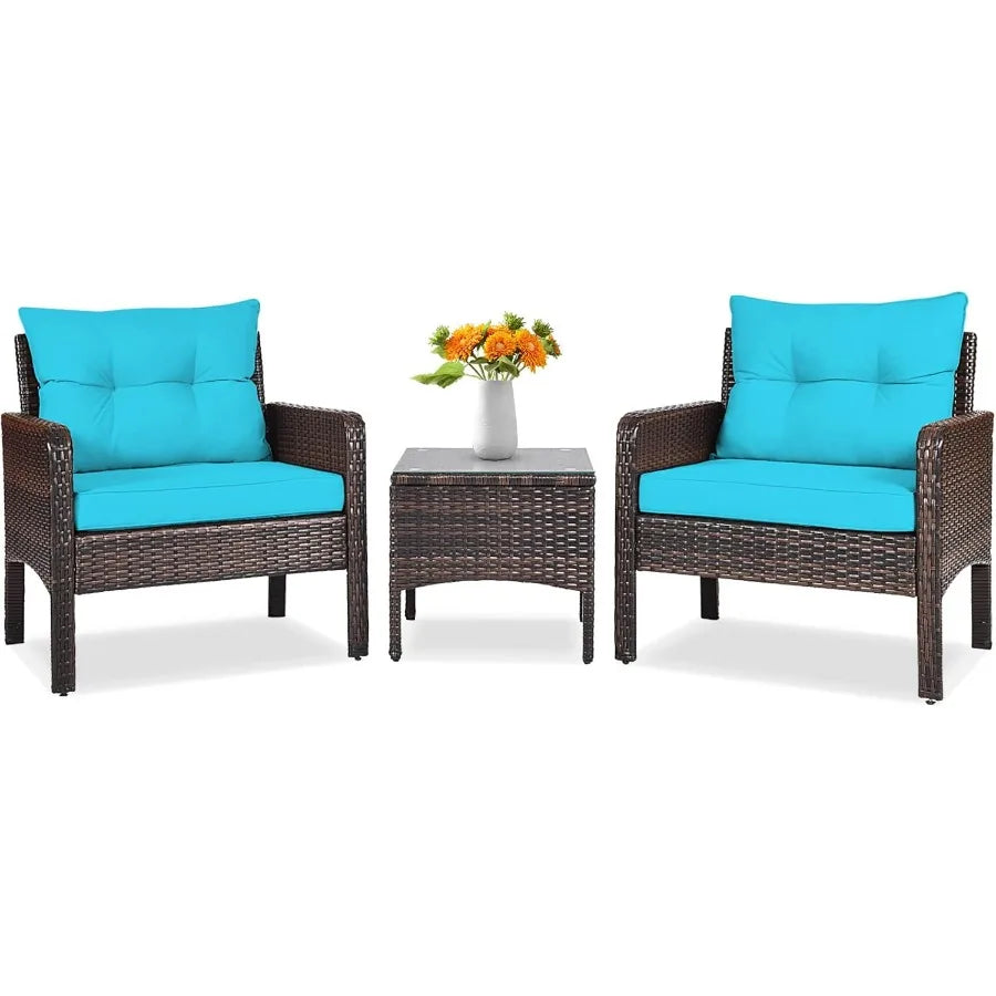 3 Piece Wicker Chairs with Glass Top Coffee Table Thick Cushions for Outdoor Patio Garden Lawn Poolside Backyard Porch
