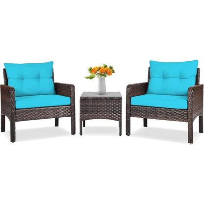 3 Piece Wicker Chairs with Glass Top Coffee Table Thick Cushions for Outdoor Patio Garden Lawn Poolside Backyard Porch