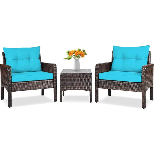 3 Piece Wicker Chairs with Glass Top Coffee Table Thick Cushions for Outdoor Patio Garden Lawn Poolside Backyard Porch
