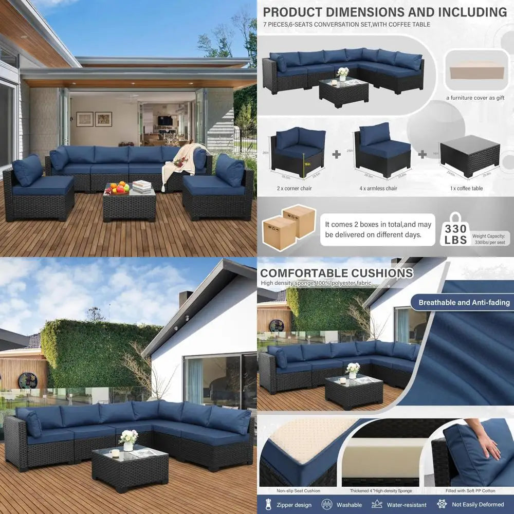 black rattan outdoor 7-piece wicker furniture set with navy blue washable cushions for patio sectional sofa