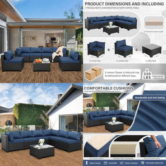 black rattan outdoor 7-piece wicker furniture set with navy blue washable cushions for patio sectional sofa