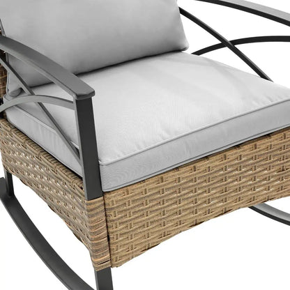 Grey Cushioned Wicker Patio Furniture Set with 3 Rocking Chairs and Coffee Table for Garden, Lawn, and Backyard