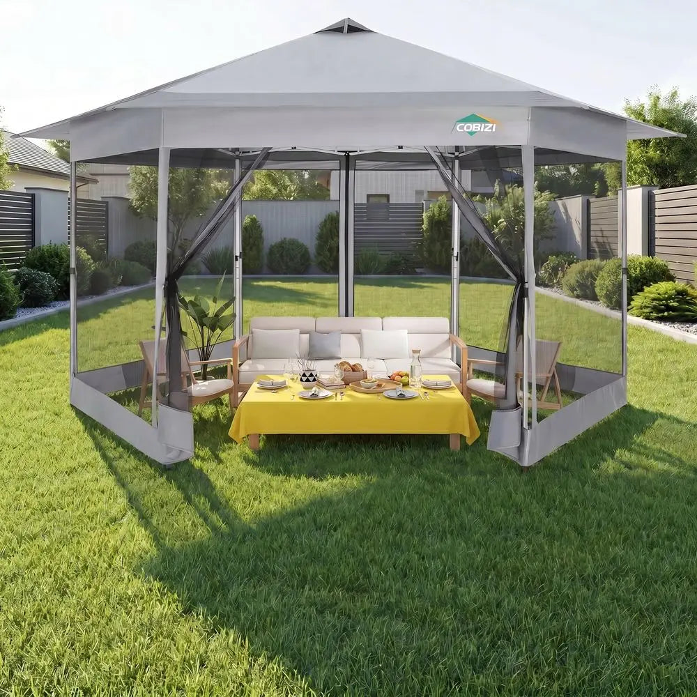 16x16 Pop Up Gazebo on Clearance, Screen Tent amp Soft Top, Gray Outdoor Canopy Tent, Adjustable Height, 256 Sq Ft Shade, Hexag