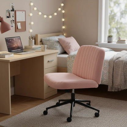 Pink Teddy Fabric Criss-Cross Desk Chair, Armless Swivel Seat with Wheels & Adjustable Height for Home Office