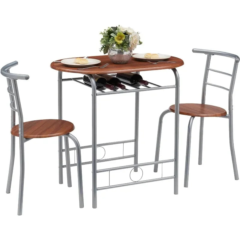 3 Piece Wood Round Table & Chair Set for Dining Room Kitchen Bar Breakfast, with Wine Storage Rack, Space Saving