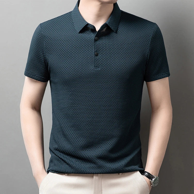 New Men's Business Casual Short Sleeved Bone Flower Solid Color POLO Shirt Fashion Breathable Comfortable Summer Versatile Top