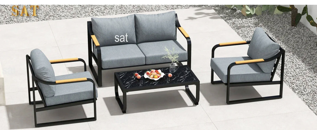 v Metal Patio Furniture Set, 4 Pieces Outdoor Conversation Set with Thick Cushion Modern Patio Chat Sofa Set for Balcony  rattan