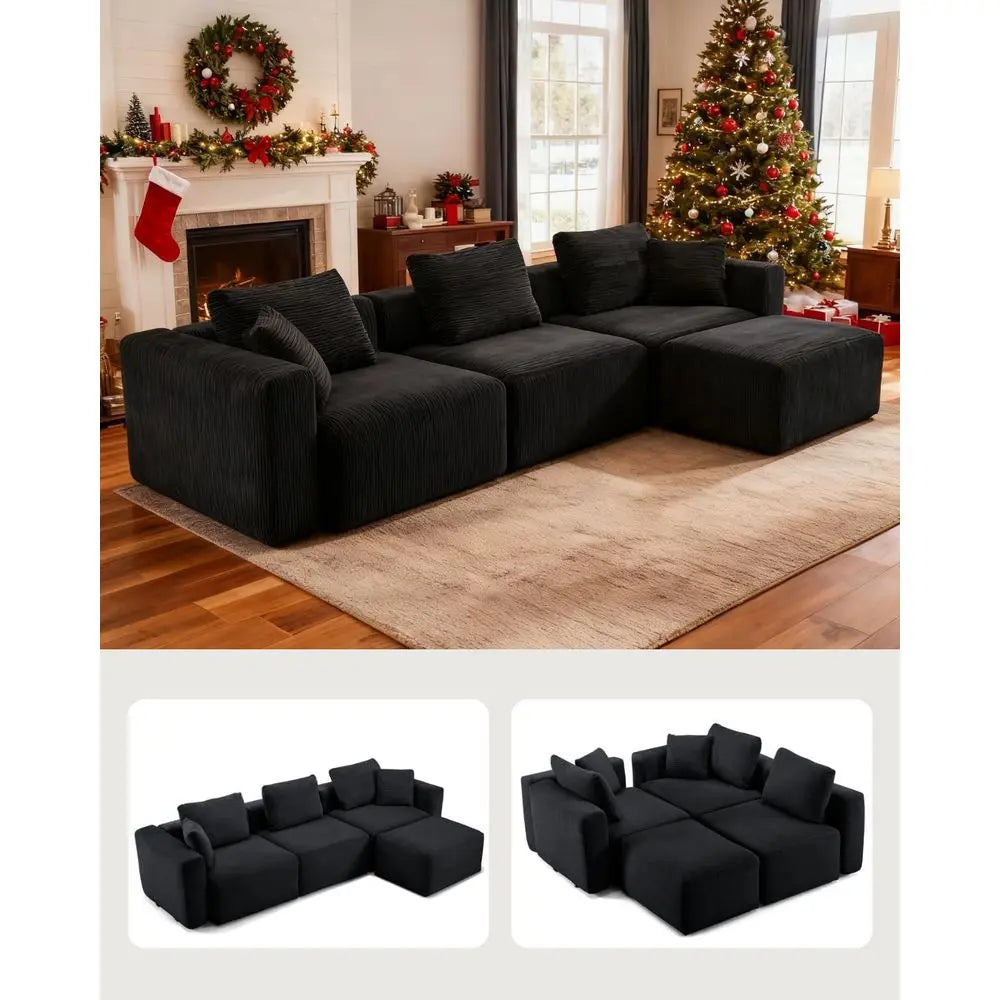 112" Sectional Couch with Movable Ottoman, Modern Corduroy Cloud Sofa Set with Deep Seat, Convertible L-Shape Boneless Couch for