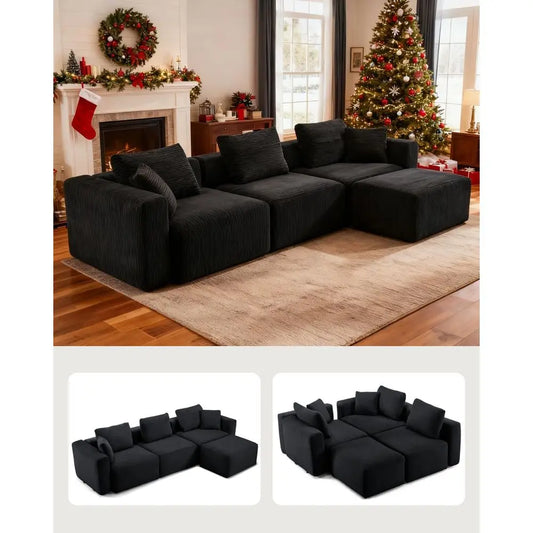 112" Sectional Couch with Movable Ottoman, Modern Corduroy Cloud Sofa Set with Deep Seat, Convertible L-Shape Boneless Couch for